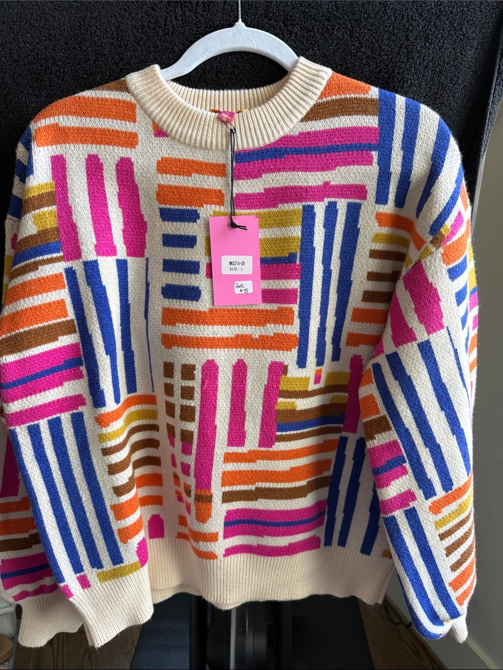 THML Cream Crewneck Sweater with Pink, Blue, Orange & Brown Stripes